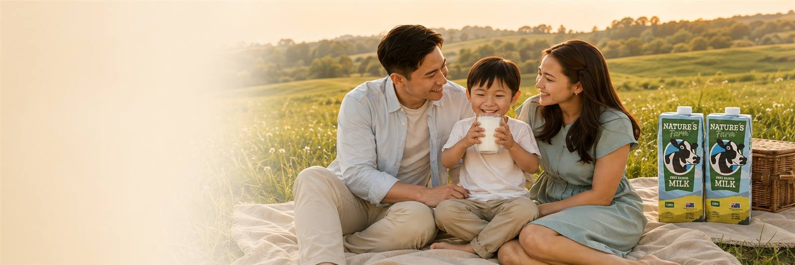 Gia đình thưởng thức sữa Nature’s Farm trên đồng cỏ