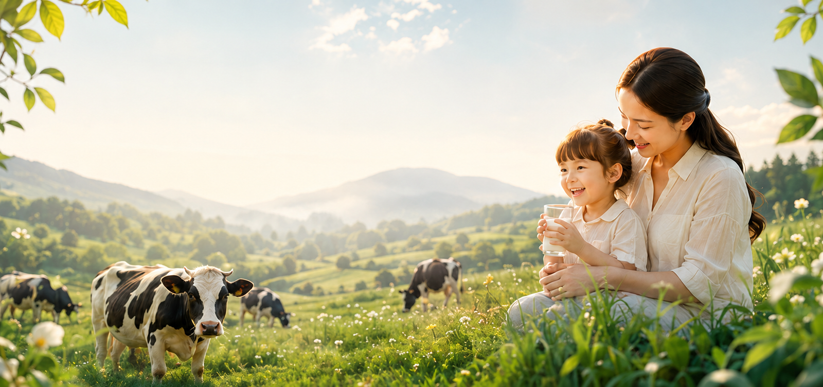Nature's Farm meadow with family enjoying milk